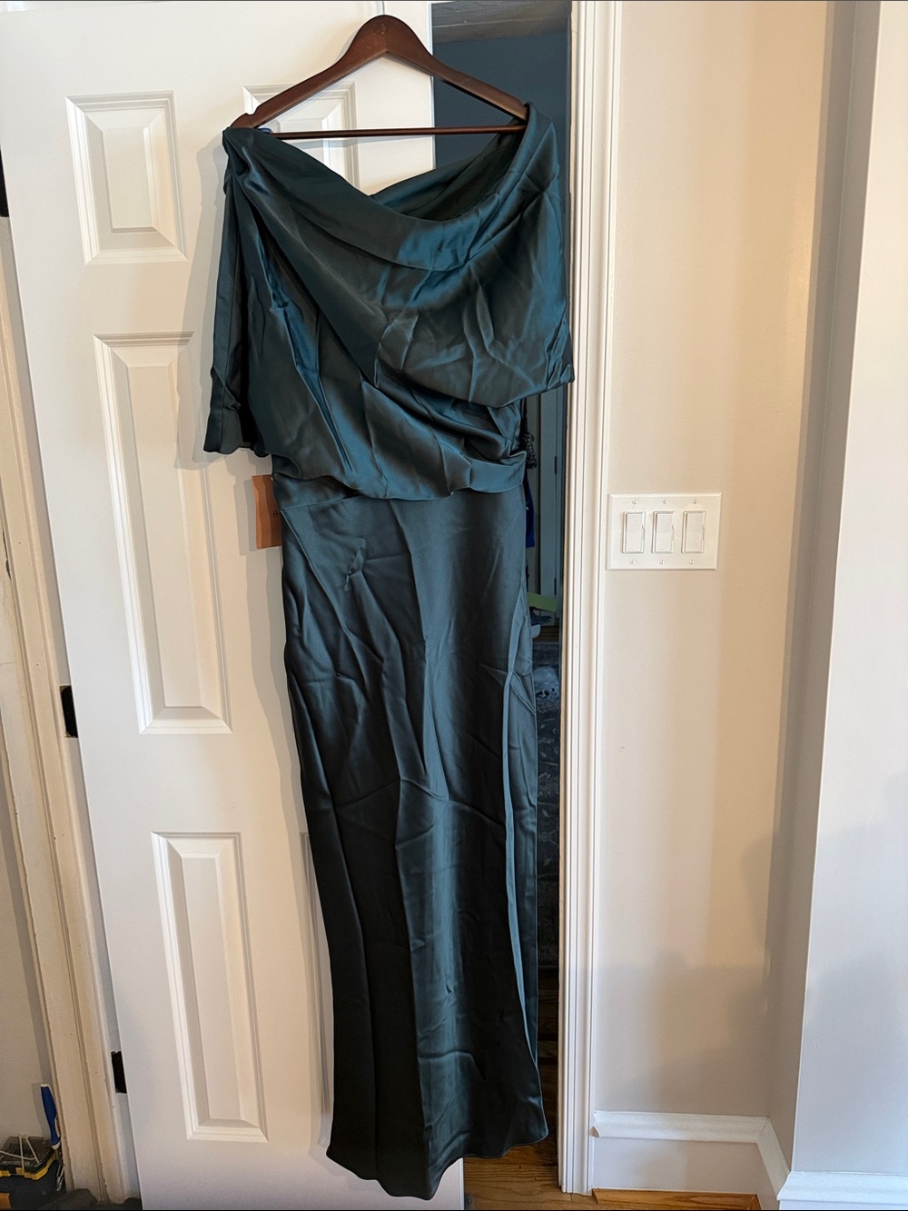 Anthropologie One-Shoulder Satin Gown in Teal Green